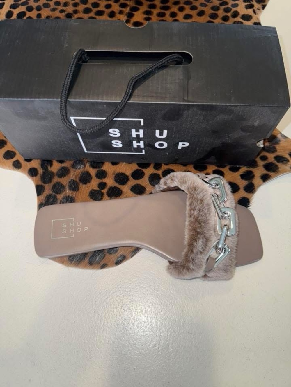 ShuShop Taupe Faux-Fur Slide with Silver Chain Detail